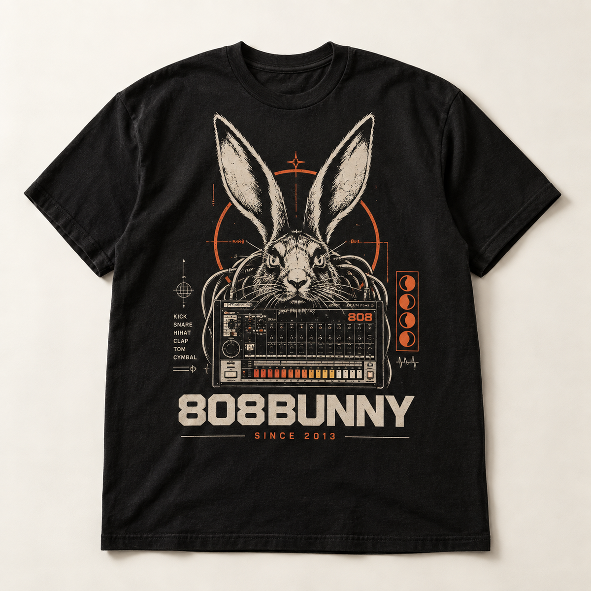 Mockup konsep 808Bunny "Since 2013" Tee — desain merch sementara, bukan foto barang produksi.