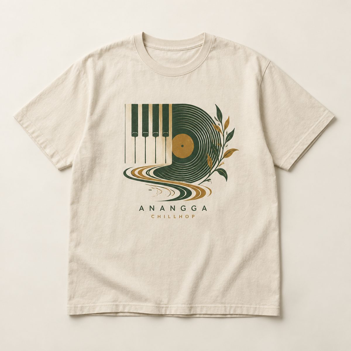 Mockup konsep Anangga "Chillhop" Tee — desain merch sementara, bukan foto barang produksi.
