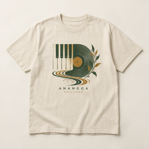 Mockup konsep Anangga "Chillhop" Tee — desain merch sementara, bukan foto barang produksi.