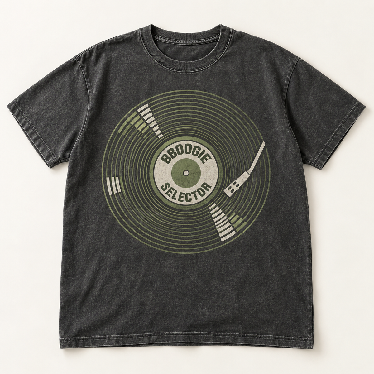 Mockup konsep Bboogie "Selector" Tee — desain merch sementara, bukan foto barang produksi.