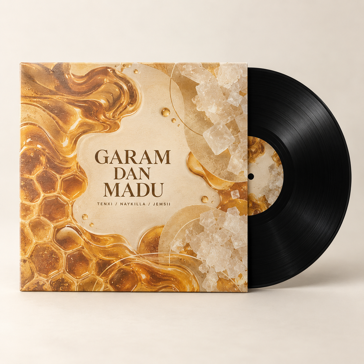 Mockup konsep "Garam dan Madu" Limited Vinyl — desain merch sementara, bukan foto barang produksi.