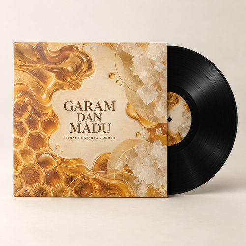 Mockup konsep "Garam dan Madu" Limited Vinyl — desain merch sementara, bukan foto barang produksi.
