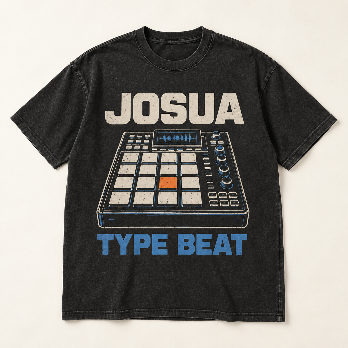 Mockup konsep Josua "Type Beat" Tee — desain merch sementara, bukan foto barang produksi.