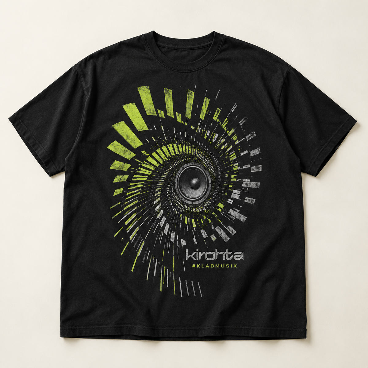 Mockup konsep kirohta "#KLABMUSIK" Tee — desain merch sementara, bukan foto barang produksi.