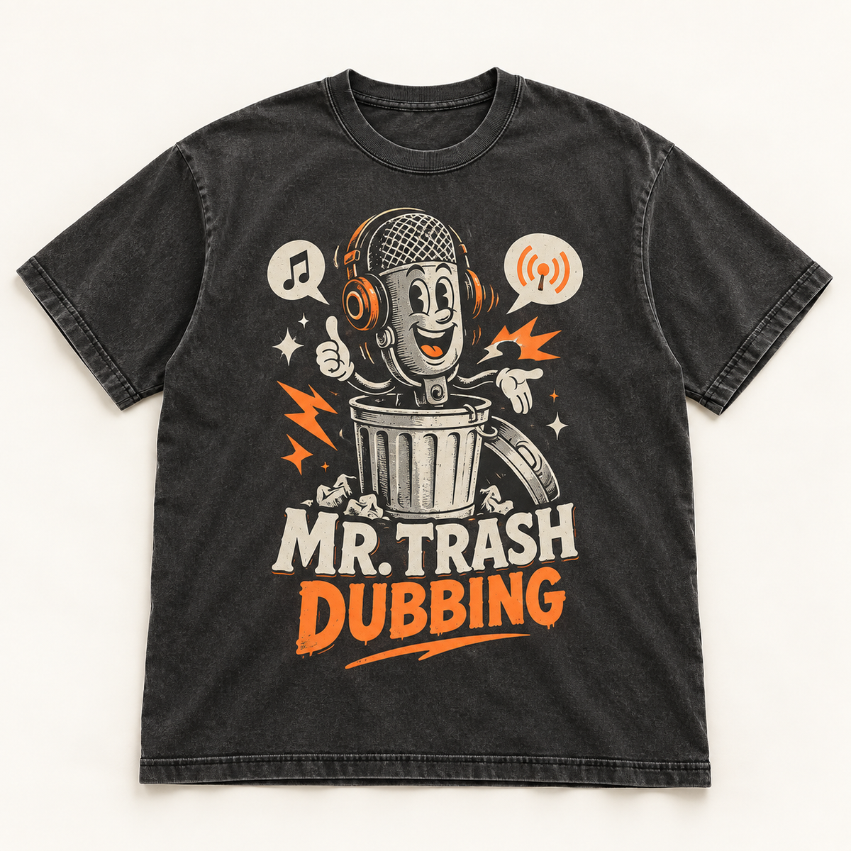 Mockup konsep Mr. Trash Dubbing Tee — desain merch sementara, bukan foto barang produksi.