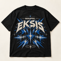 Mockup konsep Naufal "EKSIS" Tee — desain merch sementara, bukan foto barang produksi.