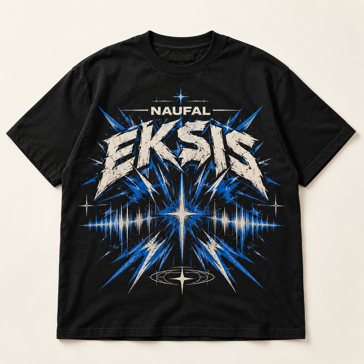Mockup konsep Naufal "EKSIS" Tee — desain merch sementara, bukan foto barang produksi.