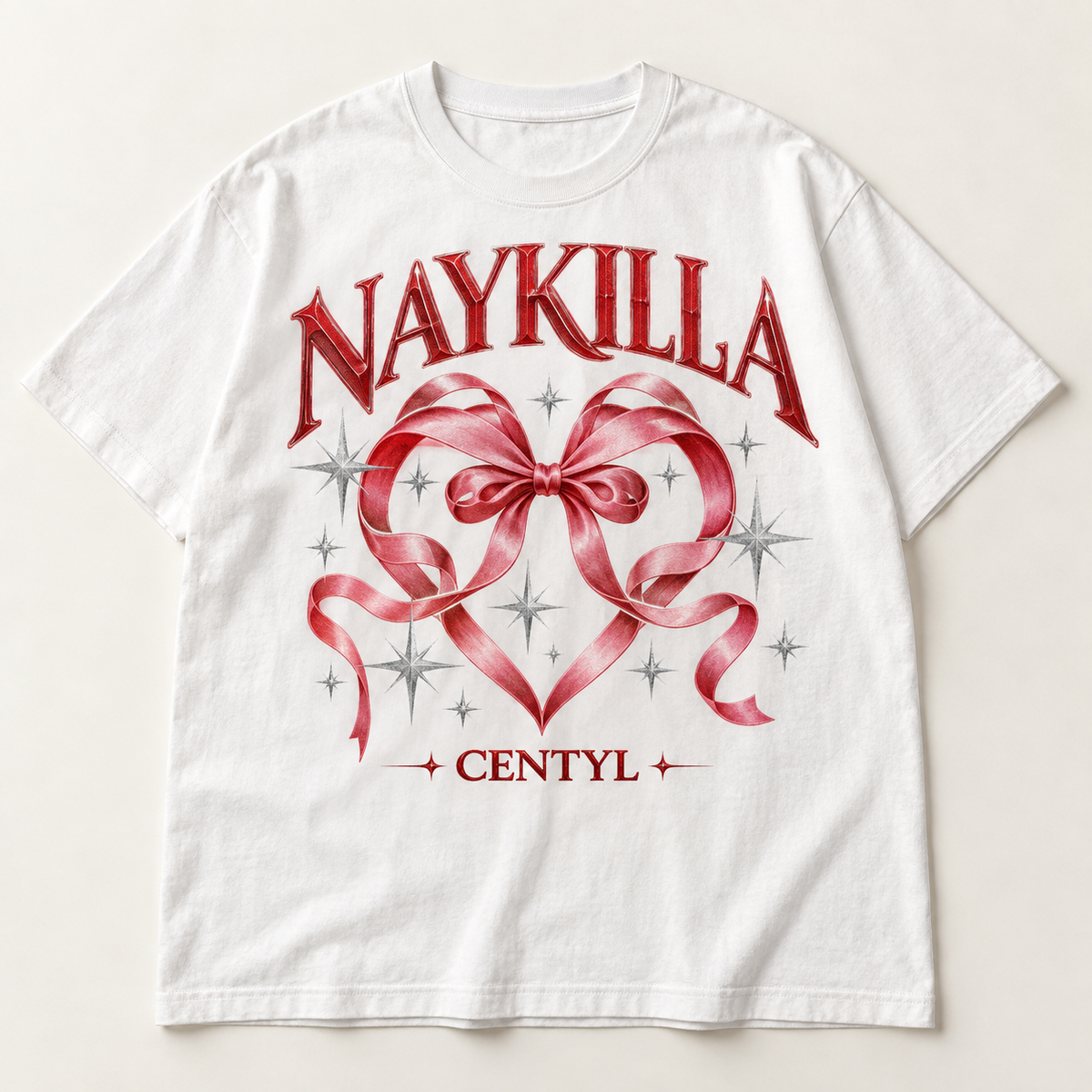 Mockup konsep Naykilla "Centyl" Tee — desain merch sementara, bukan foto barang produksi.