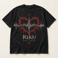 Mockup konsep Riku "Emo Rave" Tee — desain merch sementara, bukan foto barang produksi.