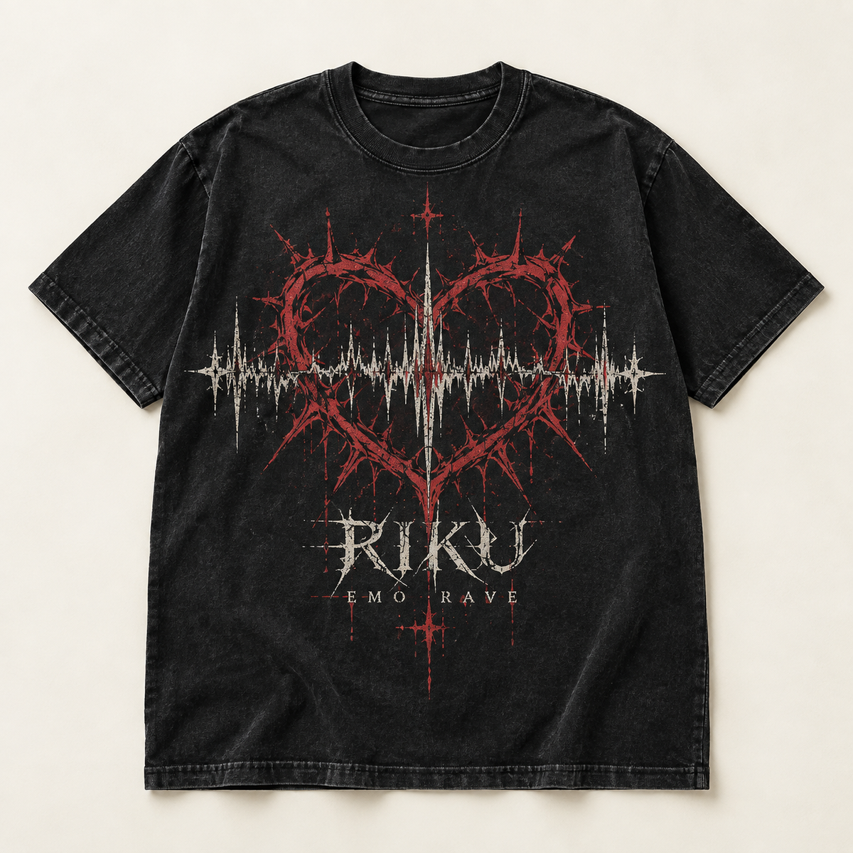 Mockup konsep Riku "Emo Rave" Tee — desain merch sementara, bukan foto barang produksi.