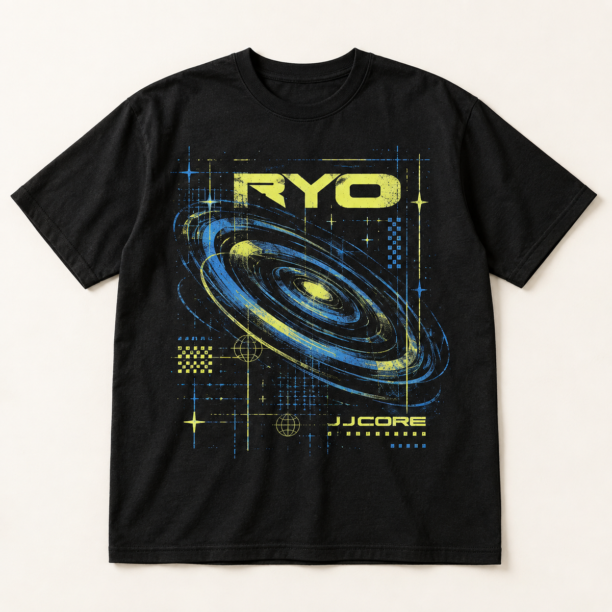 Mockup konsep RYO "JJCORE" Tee — desain merch sementara, bukan foto barang produksi.