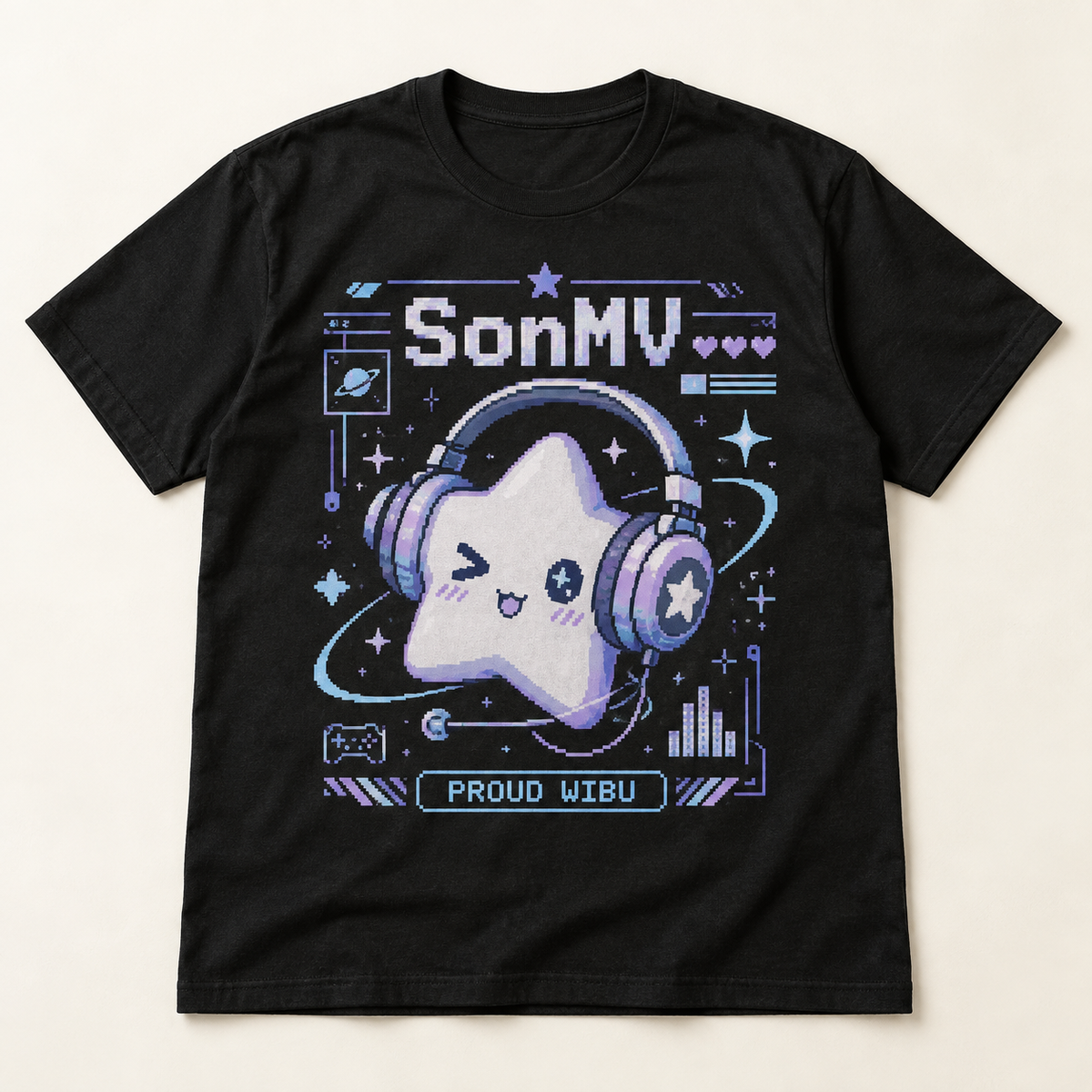 Mockup konsep SonMV "Proud Wibu" Tee — desain merch sementara, bukan foto barang produksi.