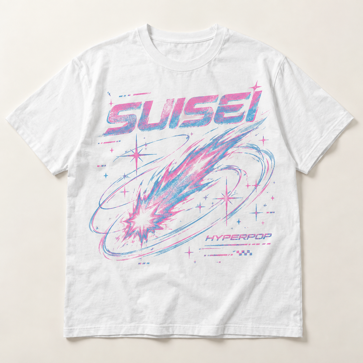 Mockup konsep Suisei "Hyperpop" Tee — desain merch sementara, bukan foto barang produksi.