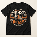 Mockup konsep Tenxi "Hipdut" Tee — desain merch sementara, bukan foto barang produksi.