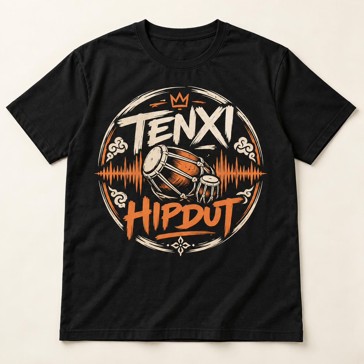Mockup konsep Tenxi "Hipdut" Tee — desain merch sementara, bukan foto barang produksi.