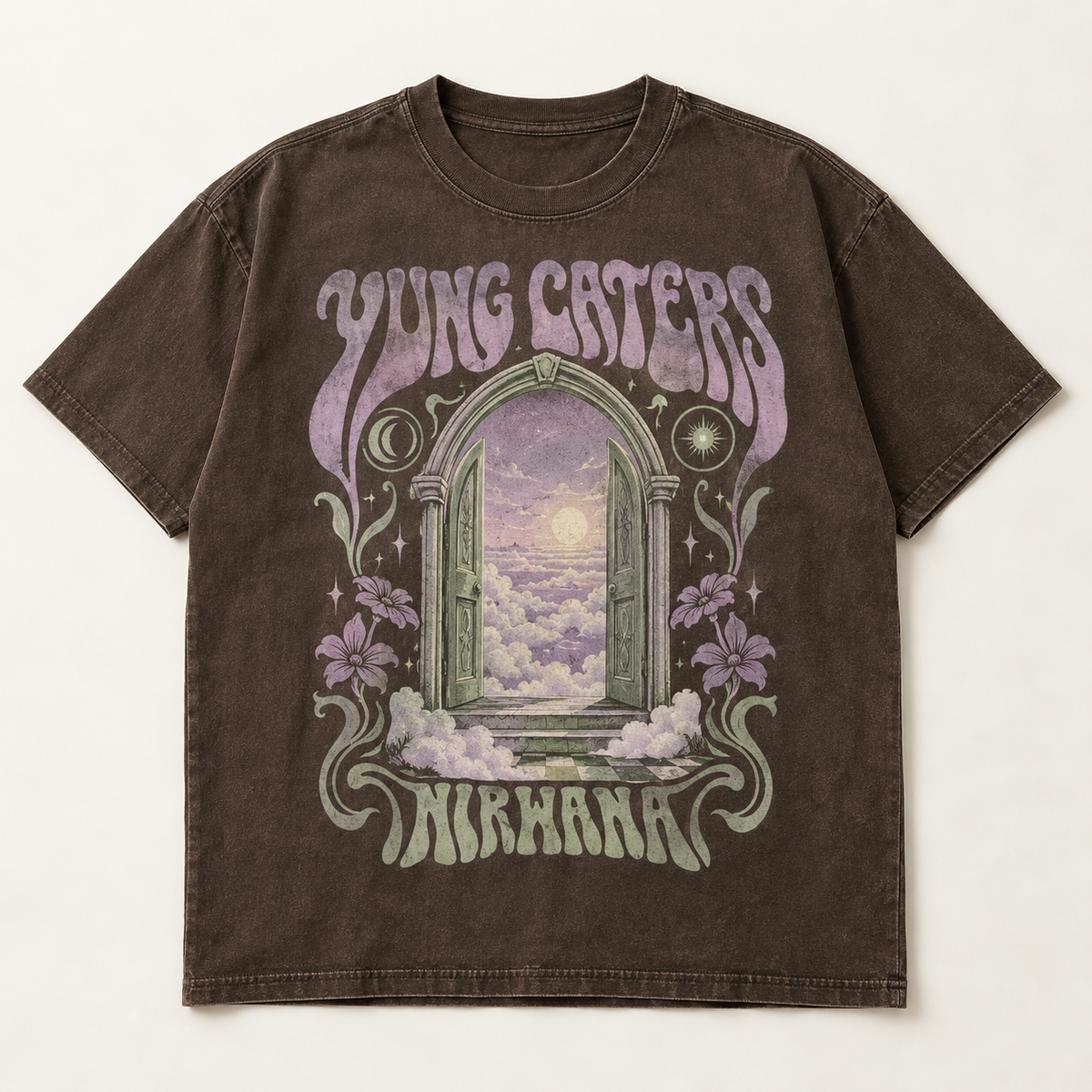 Mockup konsep Yung Caters "Nirwana" Tee — desain merch sementara, bukan foto barang produksi.